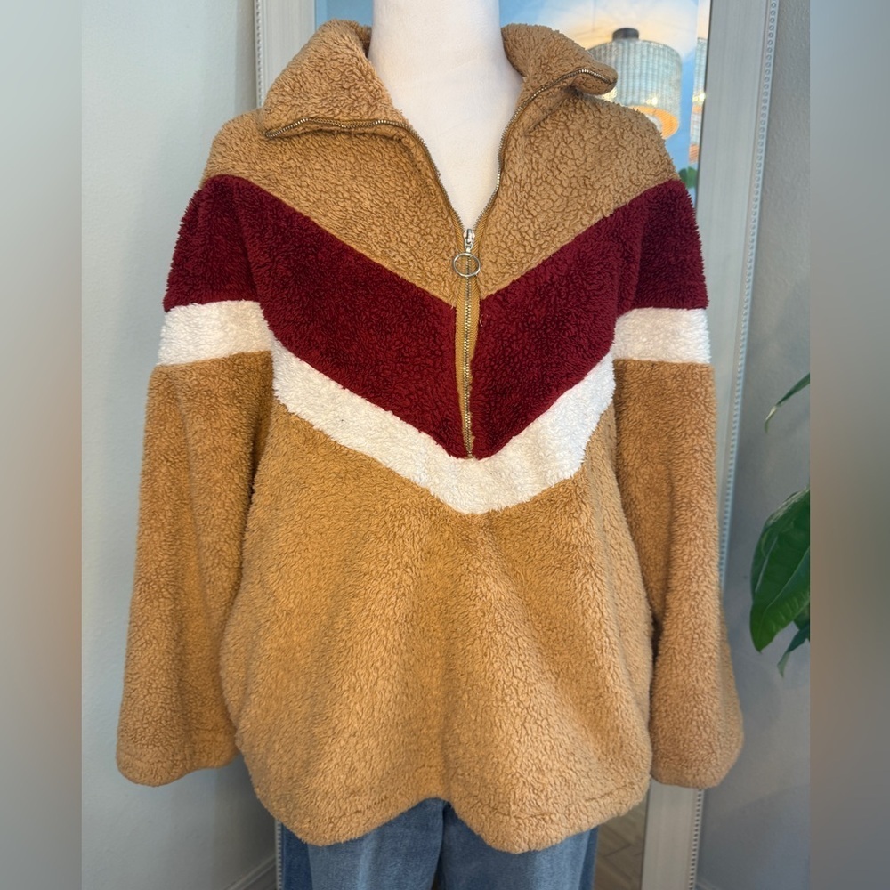 Cozy Tan and Maroon Chevron Sherpa Pullover